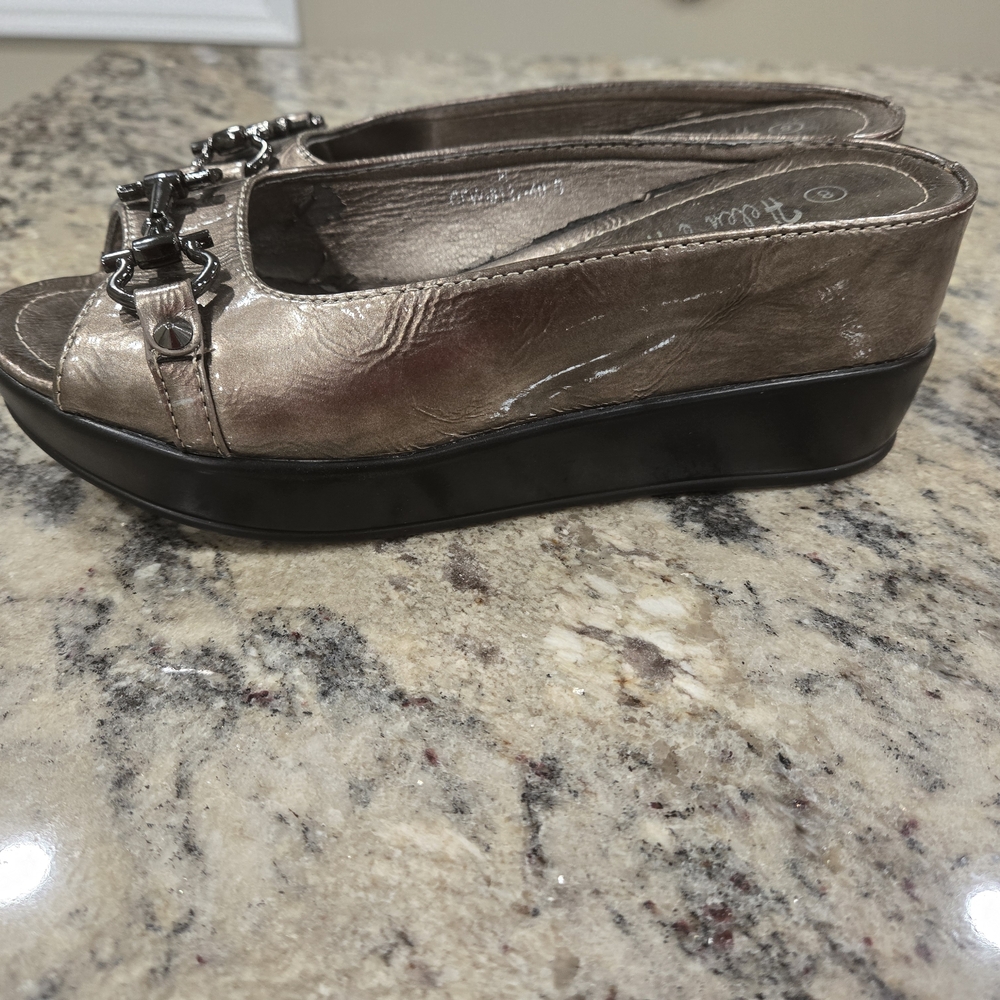 Women's Metallic Bronze Open-Toe Platform Mules with Decorative Bit - Picture 2 of 5